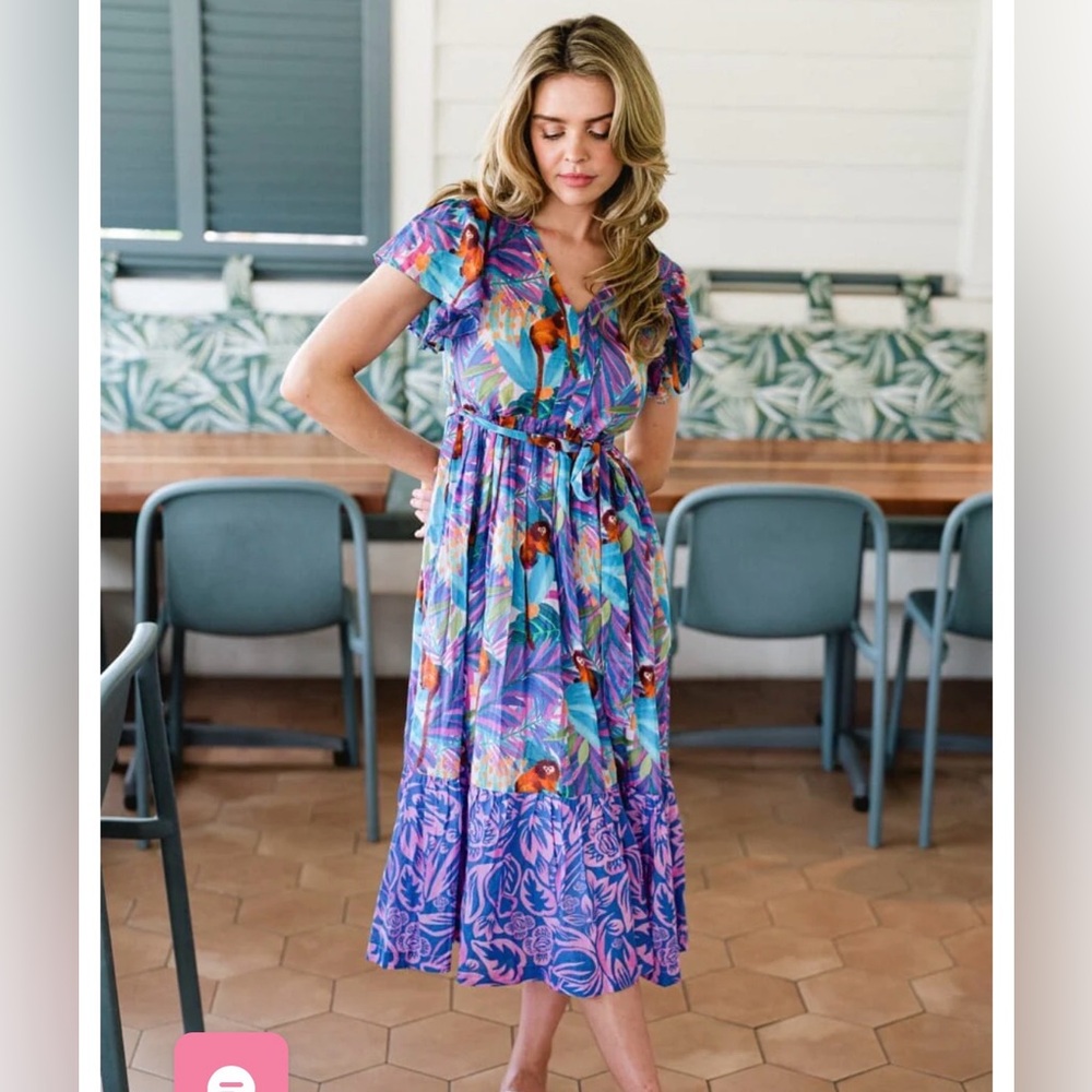 Briton Court Tropical Floral Monkey Ruffle Savannah Midi Dress- Dahlia Size S